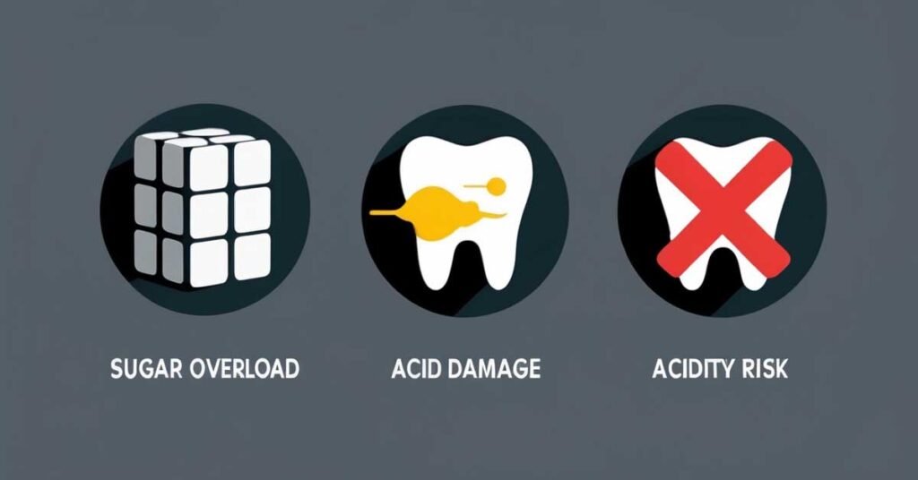 A cautionary graphic illustrating the three main risks of using pineapple juice for wisdom teeth: a sugar cube icon for 'High Sugar', a tooth with an acid drop for 'Acidity Risk', and a pill clashing with a pineapple for 'Medication Interference'.
