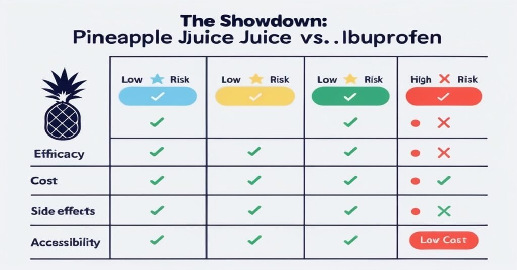 A comparison graphic table showing 'Pineapple Juice vs. Ibuprofen' for wisdom teeth pain. The data shows ibuprofen is superior in efficacy and scientific evidence, while pineapple juice has significant side effects like high sugar and acidity.
