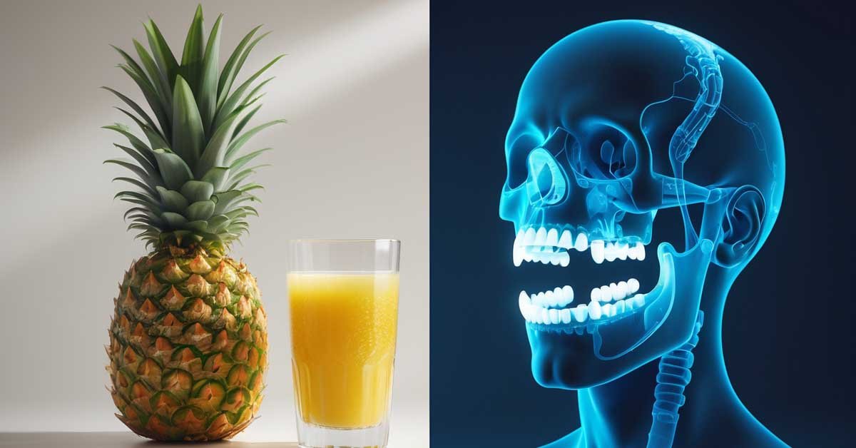 Pineapple Juice and Wisdom Teeth Is There a Connection A split-screen hero image for an article about pineapple juice and wisdom teeth recovery. The left side shows a fresh pineapple and a glass of juice, while the right side shows a clean, medical illustration of an impacted wisdom tooth.
