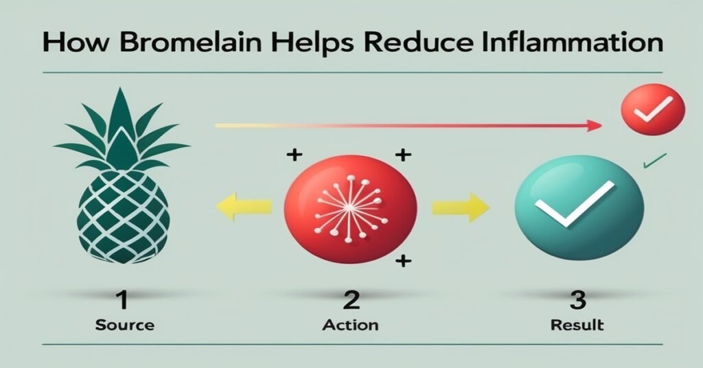 Pineapple Juice and Wisdom Teeth: Is There a Connection? 1 How Bromelain Helps Reduce Inflammation' showing a 3-step process: 1. The Bromelain enzyme is sourced from pineapple. 2. The enzyme targets and acts on inflamed cells. 3. The result is reduced inflammation and swelling.