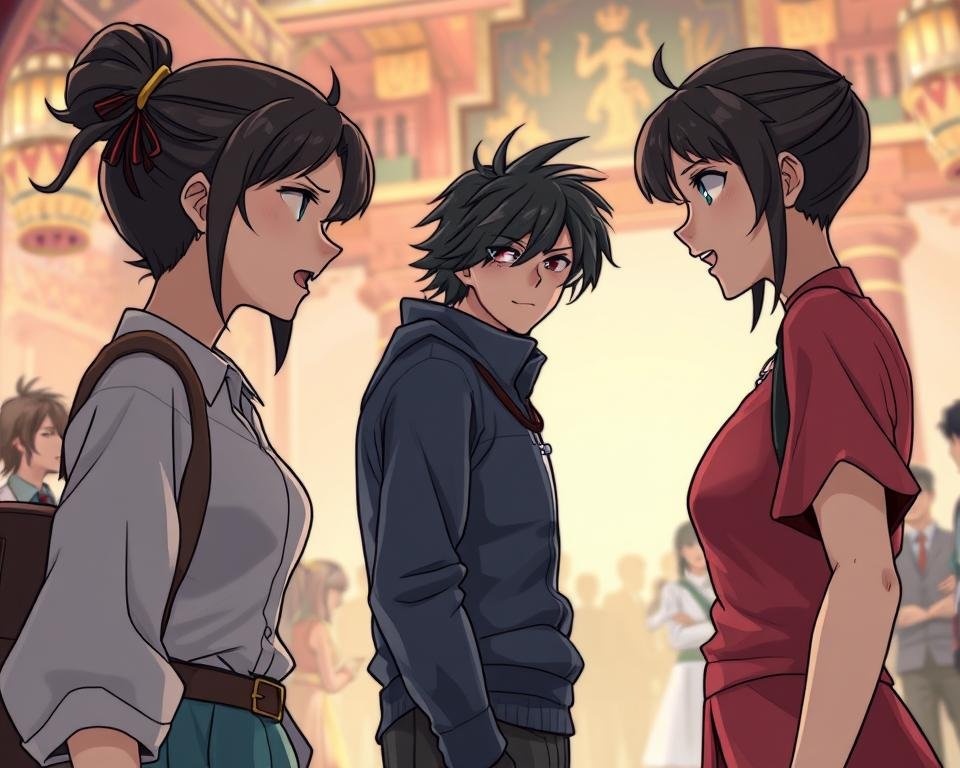 A bustling panel showcasing the dynamic interaction between the Wayward comic characters. In the foreground, Rori and Sachi engage in an animated discussion, their expressive faces and body language conveying the intricate depths of their relationship. In the middle ground, Ohara observes the scene with a pensive gaze, his stance reflecting the internal complexities of his character. The background is softly blurred, yet hints at the vibrant world of Wayward, with its intricate architectural details and hints of mysticism. The lighting is warm and natural, casting a gentle glow that enhances the emotional resonance of the moment. This image captures the essence of the "Character Analysis: Strengths and Flaws" section, offering a visually compelling representation of the nuanced personalities that drive the Wayward narrative.