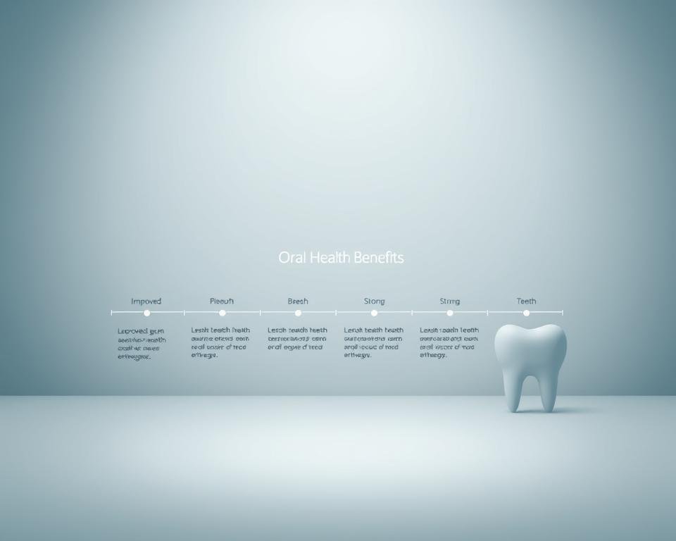 A clean, medical-style infographic depicting the oral health benefits timeline. The foreground shows a progression of icons representing improved gum health, fresh breath, and strong teeth over time. The middle ground features a central timeline with annotated milestones, rendered in a minimalist, data-visualization style. The background has a subdued, clinical color palette with subtle textures evoking dental equipment and medical imagery. Soft, directional lighting creates depth and emphasis on the key elements. The overall composition is balanced, informative, and visually appealing to complement the article's subject matter.