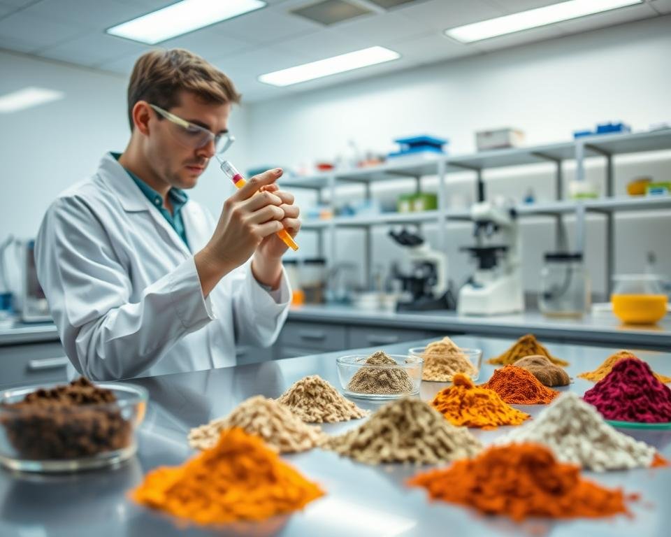 A clean, well-lit laboratory setting with bright, diffused lighting illuminating a stainless steel counter or workbench. In the foreground, various superfood powder samples are neatly arranged, their vibrant colors and textures on full display. In the middle ground, a scientist in a white lab coat and safety goggles carefully examines one of the samples, a pipette in hand. Behind them, shelves of analytical equipment, including scales, microscopes, and testing apparatus, suggest a rigorous quality control process. The overall atmosphere conveys a sense of professionalism, scientific rigor, and a commitment to ensuring the safety and purity of the superfood powders.