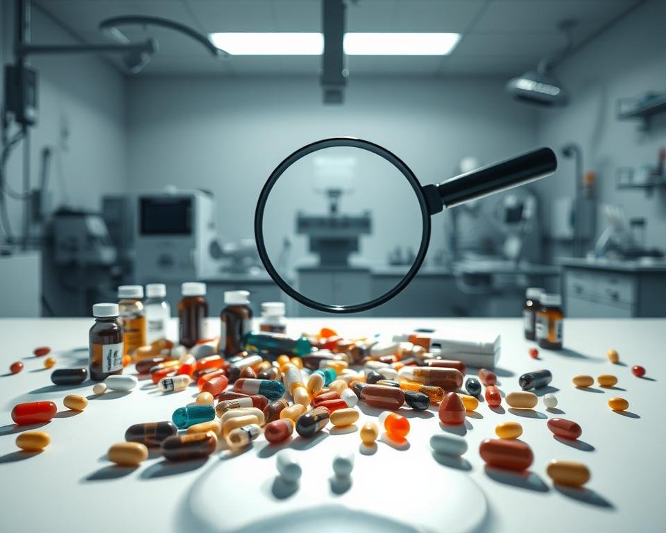 A clinical laboratory setting with modern medical equipment and instruments. In the foreground, an array of various supplements, vitamins, and pills scattered across a sterile white surface, casting long shadows. In the middle ground, a magnifying glass hovers, examining the supplements closely, revealing potential side effects. The background features a muted color palette of grays and blues, conveying a sense of scientific inquiry and cautious examination. Soft, directional lighting illuminates the scene, creating a sense of depth and emphasizing the details of the supplements. The overall atmosphere evokes a mood of careful investigation and heightened awareness of potential health risks.