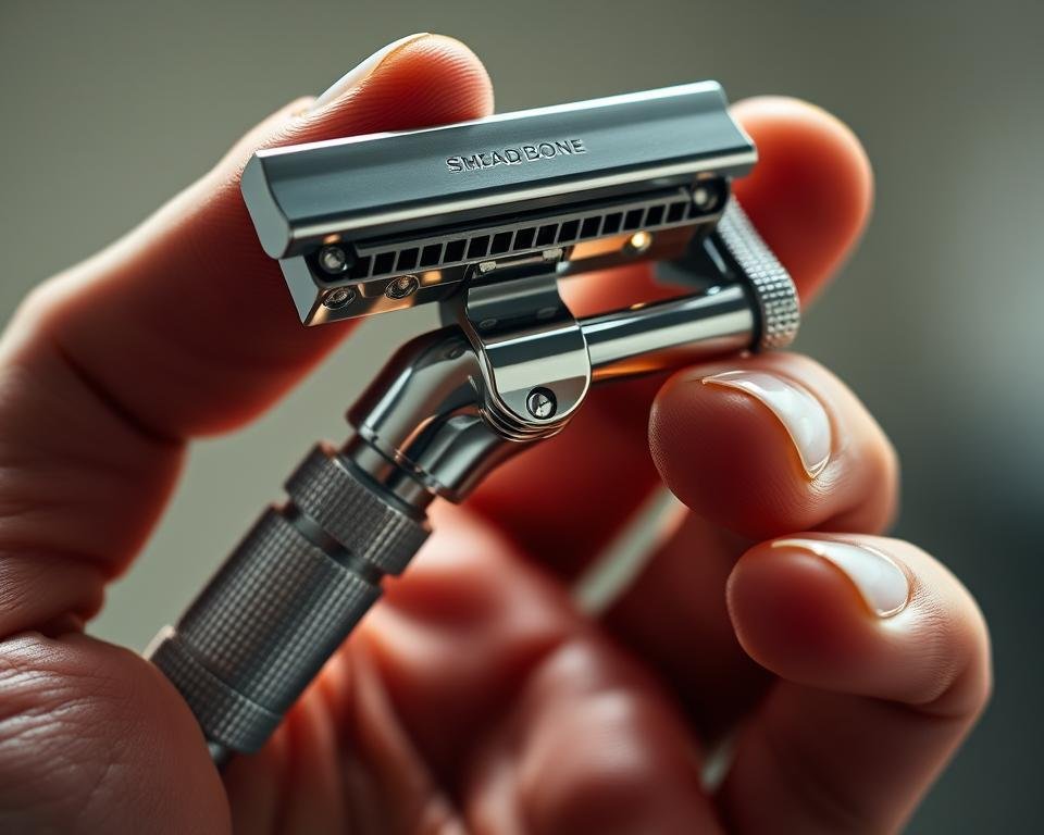 A close-up, high-resolution image of an adjustable injector-style safety razor, with a sharp, metallic blade exposed. The razor is held in a strong, masculine hand, showcasing its ergonomic, chrome-plated design and precise, knurled handle. The lighting is clean and directional, accentuating the razor's smooth, polished surfaces and intricate mechanisms. The background is slightly blurred, keeping the focus on the razor's sleek, functional form and its ability to deliver a close, comfortable shave. The overall mood is one of precision, quality, and the satisfying ritual of a classic wet shave.
