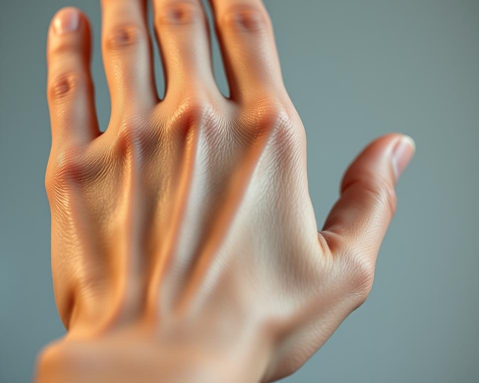 A close-up, high-resolution photograph of the surface of a human hand, showcasing the visible effects of using the HA5 Hydra Collagen skincare product. The hand is positioned with the palm facing up, fingers slightly spread, and the lighting is soft and diffused, highlighting the skin's texture and radiance. The skin appears plump, hydrated, and youthful, with a healthy, dewy glow. The image captures the key benefits of the product, such as improved skin elasticity, reduced fine lines and wrinkles, and an overall rejuvenated, revitalized appearance. The focus is on the hand, but the background is blurred, creating a clean, minimalist composition that draws the viewer's attention to the central subject.