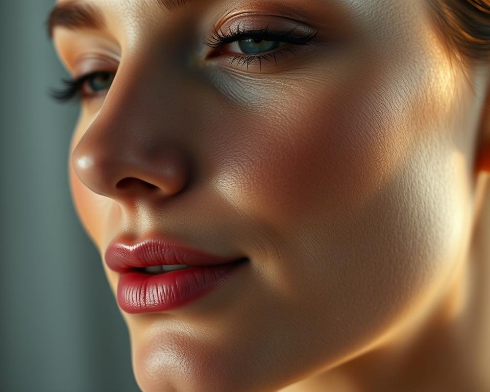 A close-up, high-resolution portrait of a woman's face, showcasing the visible effects of using Peter Thomas Roth's face tightening products. The skin appears visibly lifted, tightened, and youthfully radiant, with a healthy glow and a subtle, natural-looking reduction in fine lines and wrinkles. Soft, diffused lighting from the side gently accentuates the contours of the face, creating a sense of depth and dimension. The background is blurred, keeping the focus solely on the subject's transformed, rejuvenated complexion. The overall mood is one of confidence, well-being, and the visible, tangible results of using the Peter Thomas Roth face tightening treatments.