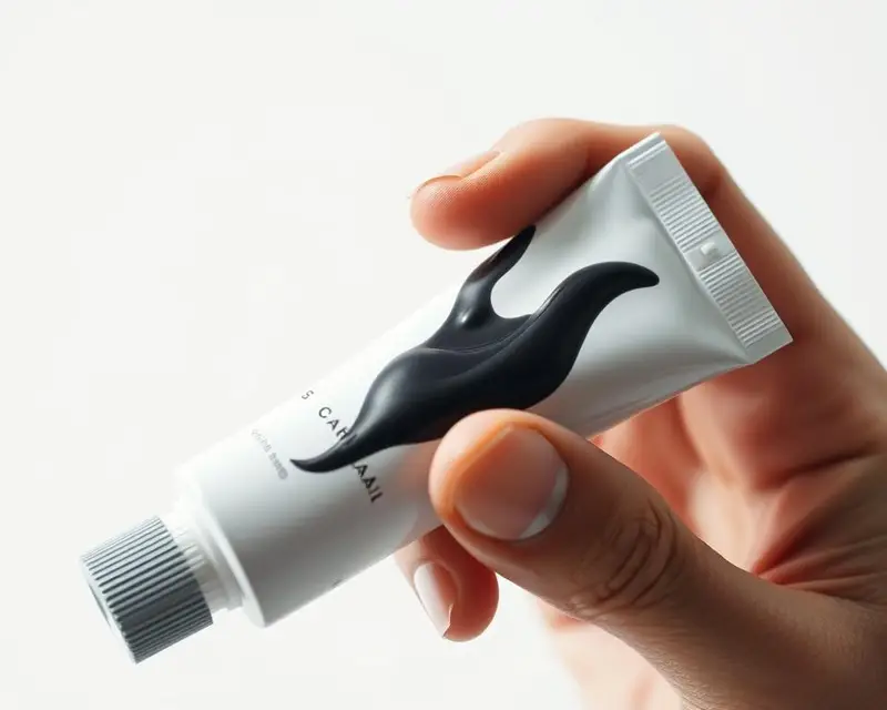 A close-up shot of a hand holding a charcoal toothpaste tube against a white background. The tube is open, revealing the jet-black paste inside. The hand is delicately squeezing the tube, showcasing the texture and viscosity of the toothpaste. The lighting is soft and diffused, creating an inviting and clinical atmosphere. The focus is sharp on the toothpaste, drawing the viewer's attention to its key benefits and features. The image conveys a sense of purity, simplicity, and the transformative power of the product.