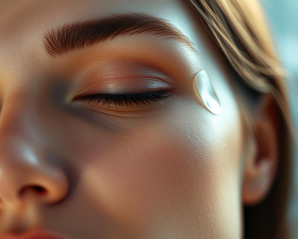A close-up view of a woman's face, showcasing a set of translucent, silicone wrinkle patches adhered to the skin around her eyes and forehead. The patches have a subtle sheen, gently conforming to the contours of the face. The lighting is soft and diffused, creating a natural, almost ethereal atmosphere. The background is blurred, keeping the focus on the patches and their interaction with the skin. The overall mood is one of calm and relaxation, suggesting the soothing and rejuvenating effects of the wrinkle patches.
