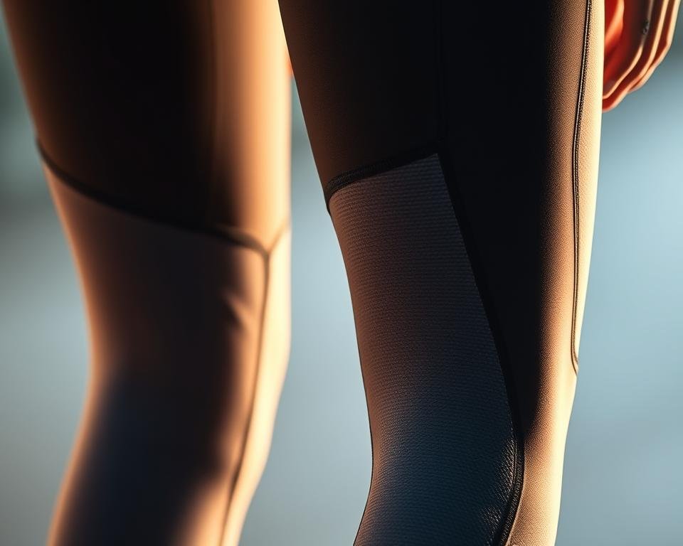 A close-up view of high-tech resistance leggings with a sleek, futuristic design. The leggings feature a textured, performance-oriented fabric with strategically placed panels that provide targeted muscle compression and support. Subtle iridescent accents and a matte finish create a modern, sophisticated look. Illuminated by soft, directional lighting that emphasizes the leggings' unique technological features and innovative construction. The frame is centered on the leggings, capturing the intricate details and advanced materials that make them a cutting-edge athletic garment.