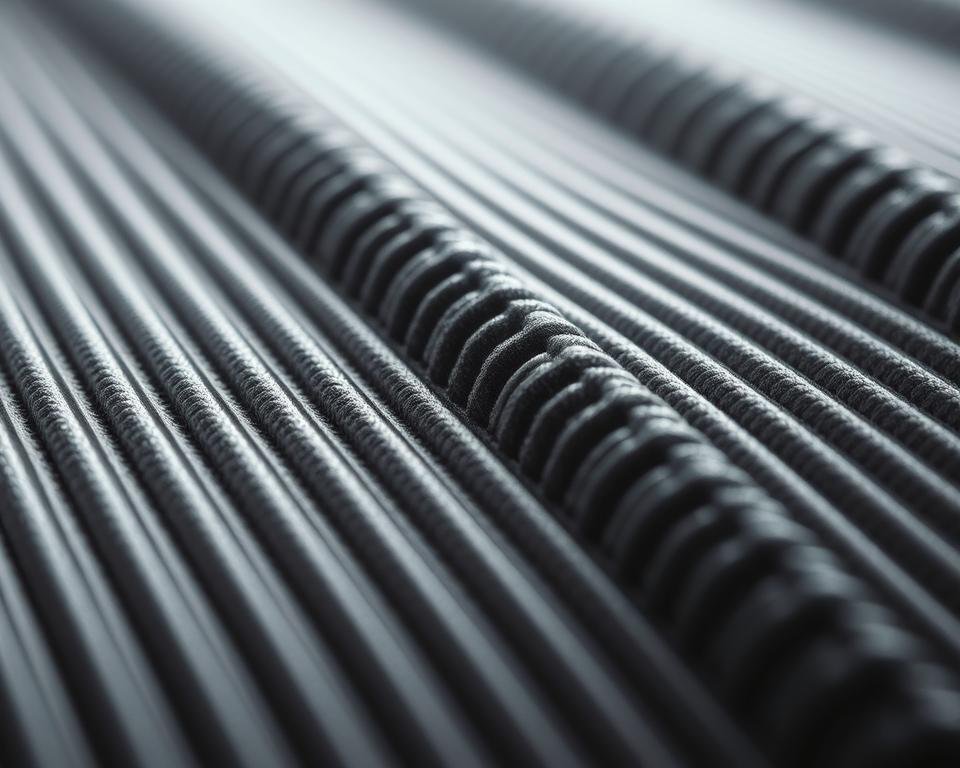 A close-up view of the Yamamoto Slinko ribbed design, showcasing its intricate texture and unique pattern. The ribbing is prominently featured, with crisp, well-defined grooves and ridges that create a visually striking and tactile surface. The lighting is soft and diffused, highlighting the subtle variations in the material's sheen and highlighting the depth and dimension of the design. The focus is sharp, drawing the viewer's attention to the fine details and craftsmanship of the Yamamoto Slinko product. The overall mood is one of precision, quality, and a sense of understated elegance.