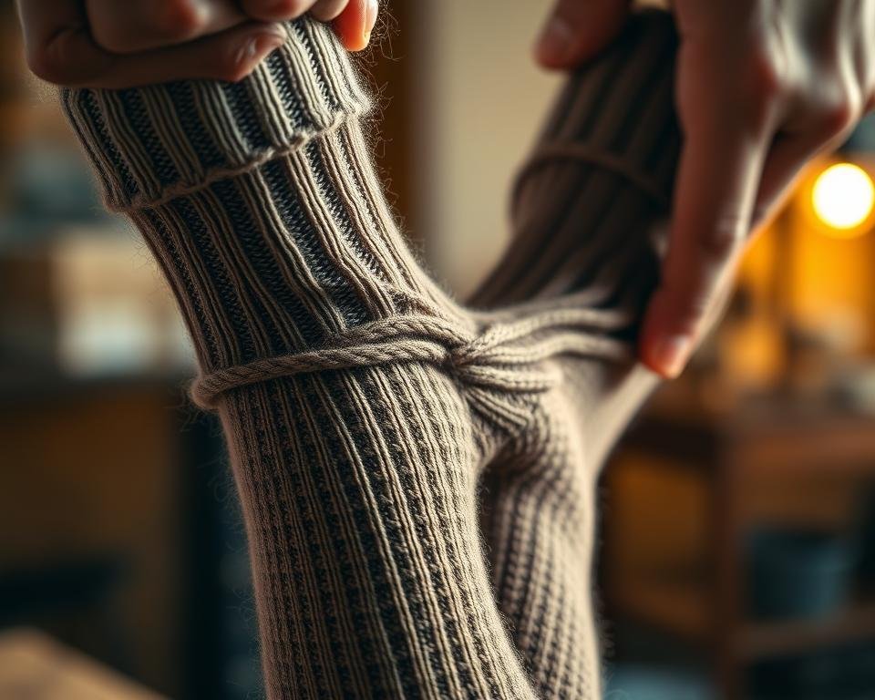 A closeup view of a pair of alpaca wool socks being put through a rigorous durability test. The socks are stretched, twisted, and pulled with force to assess their strength and resilience. The scene is brightly lit, with warm, natural lighting highlighting the intricate textures and hues of the alpaca fibers. The background is blurred, keeping the focus on the hands manipulating the socks in the foreground. The overall mood conveys a sense of practicality and objectivity, as if this is part of a product evaluation process.