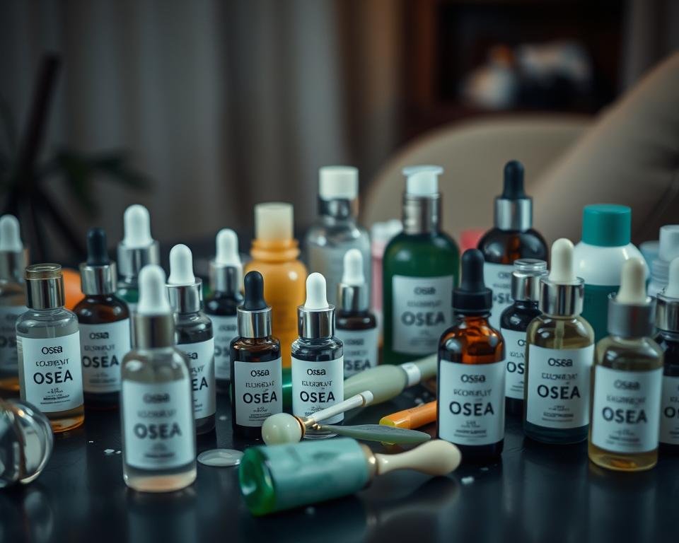 A cluttered table showcasing an assortment of Osea skincare serums, each bottle with a label that hints at their supposed benefits. The foreground features the serums in various shapes and sizes, arranged haphazardly, conveying a sense of disarray. The middle ground includes a few scattered beauty tools, such as a facial roller and a jade gua sha, suggesting an attempt at a curated flatlay. The background is blurred, with soft, muted lighting that creates a subtle, moody atmosphere, hinting at the potential disappointment of these products not living up to their lofty promises.