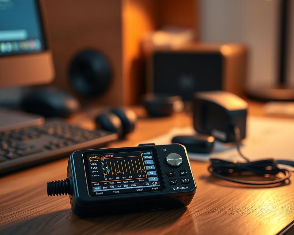 A compact, handheld Uniden BCT15X police scanner sits on a wooden desk, its sleek black chassis and intuitive controls highlighted by warm, directional lighting. In the foreground, the device's display shows a detailed frequency analysis, with various signal strengths and activity indicators. The middle ground features various accessories, such as a headset and a power adapter, neatly arranged around the scanner. The background blurs softly, hinting at a home office or study environment, conveying a sense of productivity and utility. The overall mood is one of professional, technical capability, reflecting the performance and usability of this versatile monitoring device.
