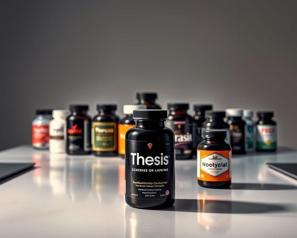 A comparison of Thesis nootropic supplements displayed on a sleek, modern desk with a clean, minimalist aesthetic. In the foreground, the Thesis product sits prominently, surrounded by an array of competitor bottles in the middle ground. Soft, directional lighting casts subtle shadows, highlighting the high-quality packaging and branding. The background is a muted, neutral tone, allowing the products to take center stage. The overall mood is one of professionalism, objectivity, and a desire to illustrate the unique features and benefits of Thesis versus other leading nootropic brands.