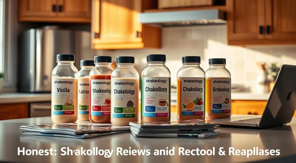 A cozy kitchen counter, bathed in warm, natural lighting. On the surface, several glass protein shake bottles are arranged, their labels prominently displayed. The bottles contain a range of flavors, from classic vanilla to exotic tropical blends. Beside them, a stack of glossy magazines and a laptop, suggesting a scene of someone thoughtfully reviewing the shakes. The overall atmosphere is one of casual, yet deliberate evaluation - a visual representation of "Honest Shakeology Reviews and Real User Experiences."
