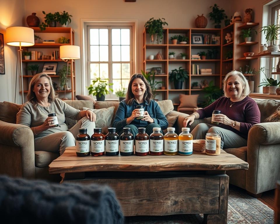 A cozy, well-lit room showcases a group of satisfied Norse Organics customers sharing their experiences. In the foreground, three individuals sit comfortably on plush sofas, holding jars of organic products and smiling warmly. The middle ground features a rustic wooden table displaying an array of Norse Organics items, their natural packaging and labels prominently visible. In the background, floor-to-ceiling bookshelves filled with plants and natural decor create a serene, inviting atmosphere. Soft, diffused lighting from floor lamps and a large window casts a gentle glow, highlighting the genuine expressions and satisfaction of the customers. The overall scene conveys a sense of authenticity, quality, and a connection to the brand's commitment to natural, sustainable living.