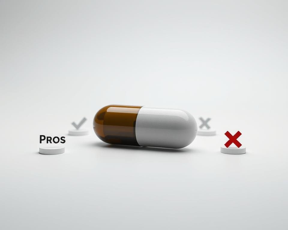 A crisp, high-resolution image showcasing the pros and cons of a blood sugar supplement. The foreground features a central capsule or tablet, meticulously rendered with realistic lighting and textures, conveying a sense of quality and authenticity. Surrounding the capsule are small icons or symbols representing the key benefits and drawbacks, such as a checkmark for pros and an X for cons, all arranged in a clean, balanced layout. The middle ground depicts a minimalist, neutral-toned background, allowing the main elements to take center stage. The overall mood is one of scientific objectivity and informative clarity, suitable for an article section discussing the merits and limitations of the supplement.