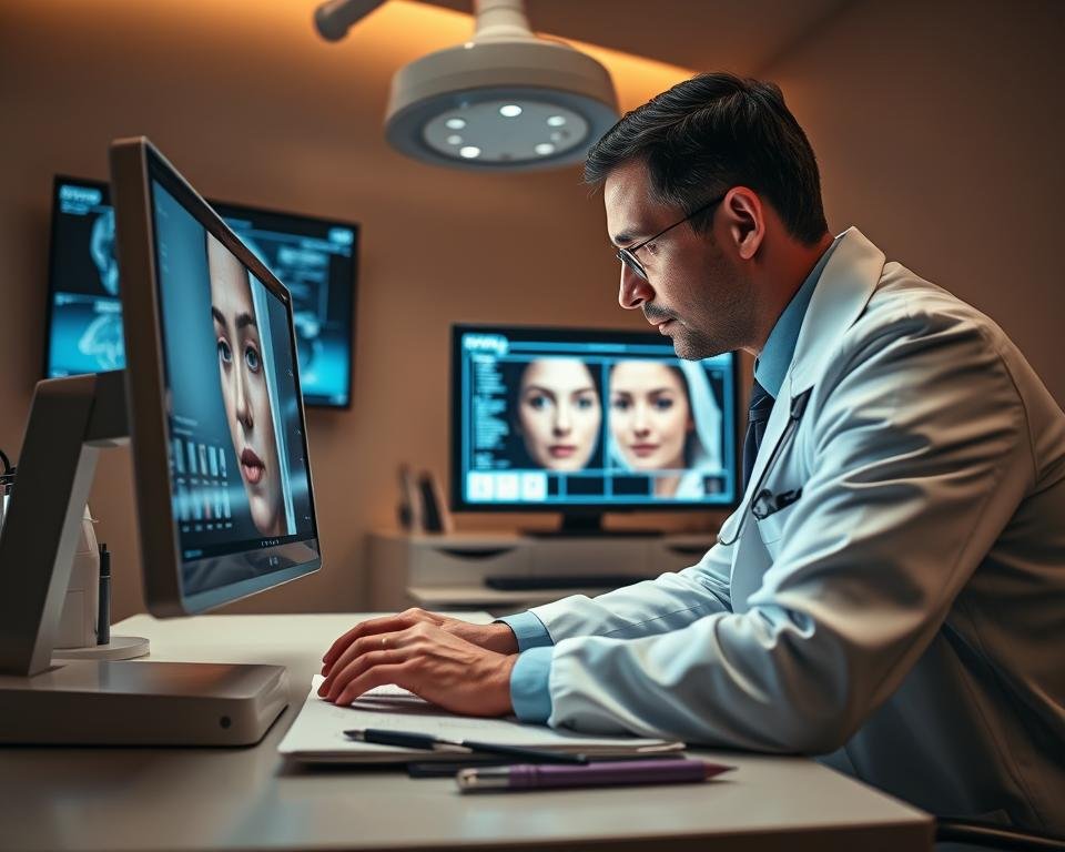 A dermatologist examines high-resolution digital photographs of a patient's skin, carefully analyzing the results of a new treatment. The doctor sits at a modern desk, leaning in close to the screen, brow furrowed in concentration. The exam room is bathed in warm, directional lighting that casts a professional, clinical atmosphere. Sleek medical instruments and neatly organized paperwork surround the doctor, conveying an air of expertise and attentive care. In the background, a wall-mounted display shows detailed skin analysis data, complementing the doctor's thoughtful assessment of the treatment's effectiveness.