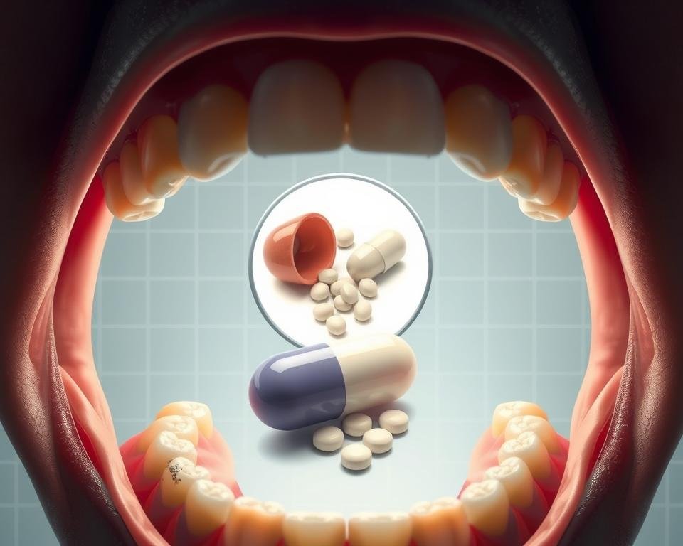 A detailed and realistic illustration of potential side effects from taking the ProDentim oral supplement. The foreground depicts an open human mouth with visible teeth, gums, and tongue, showcasing various minor dental issues such as redness, swelling, and discoloration. The middle ground features a magnified view of the ProDentim capsule, with its contents spilling out and interacting with the oral cavity. The background is a clean, clinical setting, with a subtle grid pattern and neutral lighting to emphasize the medical nature of the subject. The overall mood is one of objective, scientific examination, allowing the viewer to critically analyze the potential drawbacks of the product.