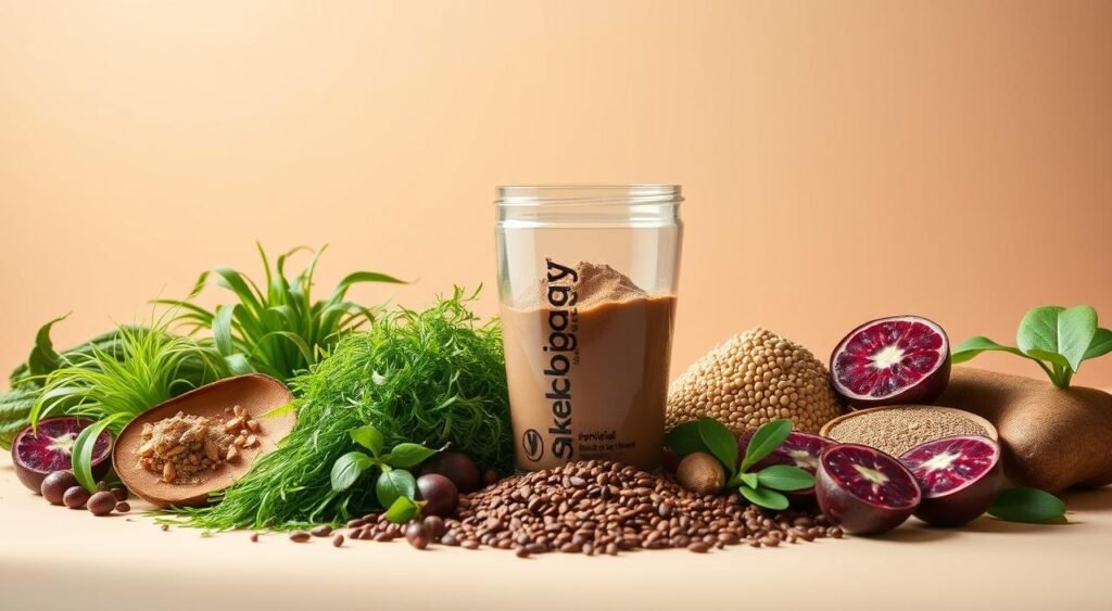 A detailed breakdown of the Shakeology ingredients, showcased in a clean, minimalist style. The foreground features an array of various nutrient-rich superfoods, including spirulina, wheatgrass, acai, and chia seeds, arranged in an elegant, symmetrical composition. The middle ground presents a transparent container filled with the Shakeology powder blend, allowing the viewer to examine the individual components. In the background, a soft, gradient-based backdrop in soothing earth tones creates a calming, natural atmosphere. Crisp lighting from above casts gentle shadows, emphasizing the texture and depth of the ingredients. The overall impression is one of quality, transparency, and a comprehensive understanding of the Shakeology formula.
