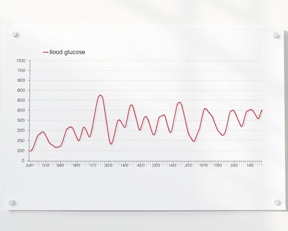 A detailed chart displaying fluctuations in blood glucose levels over time, with lines and data points representing the measurements. The chart is set against a clean, minimalist background, bathed in soft, natural lighting that accentuates the clarity of the information. The layout is balanced and easy to interpret, conveying a sense of control and understanding over the management of this important health metric.