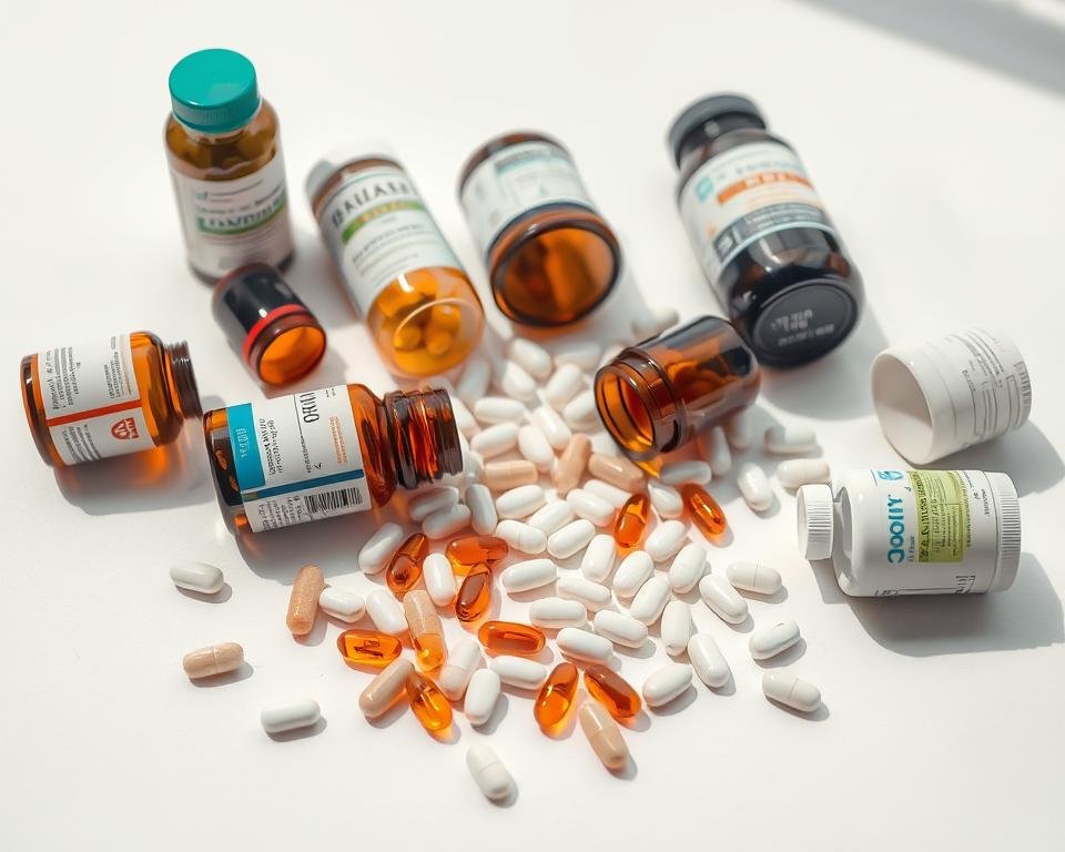 A detailed close-up of various nootropic supplements, their bottles, and pills scattered on a plain white background. The lighting is natural and diffused, creating soft shadows and highlights that accentuate the textures and colors of the items. The composition is structured yet organic, with the products arranged in a visually appealing manner. The overall mood is one of clinical objectivity, inviting the viewer to examine the potential side effects and safety concerns associated with these cognitive enhancement substances.