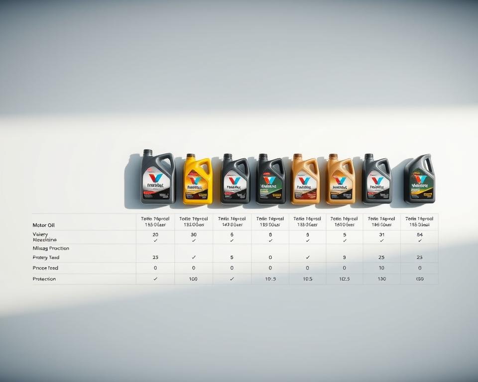 A detailed comparison chart showcasing various motor oils, including Valvoline Restore & Protect. The chart features a clean, minimalist layout with a white background, allowing the products to take center stage. The oils are presented in labeled bottles or containers, arranged neatly in rows, with key performance metrics like viscosity, mileage, and protection displayed alongside each option. Soft, directional lighting casts subtle shadows, emphasizing the three-dimensional nature of the products. The overall mood is one of informative clarity, allowing the viewer to easily compare and contrast the different motor oil options.