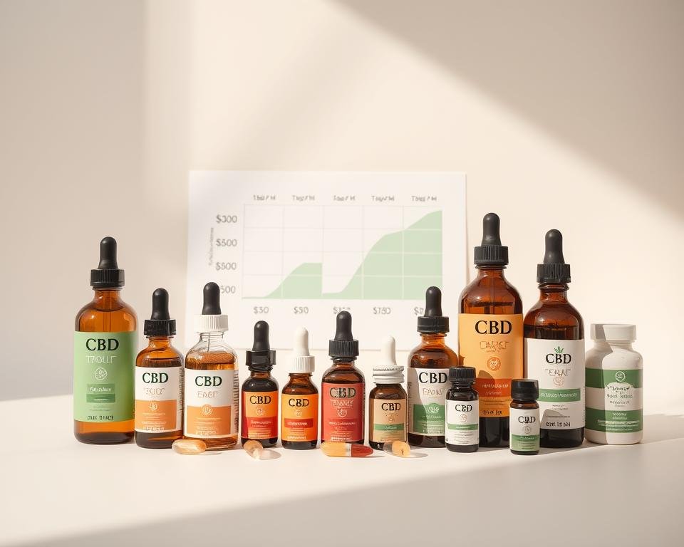 A detailed comparison of CBD product pricing, featuring a clean, minimalist layout. In the foreground, various CBD tinctures, capsules, and topicals are neatly arranged, each with its own price tag. The middle ground showcases a graph or chart visualizing the price ranges and average costs of different CBD formats. The background is a soft, muted color palette, providing a serene and professional atmosphere. Bright, natural lighting casts subtle shadows, creating depth and dimension. The overall composition conveys a sense of transparency, highlighting the value and affordability of these CBD offerings.
