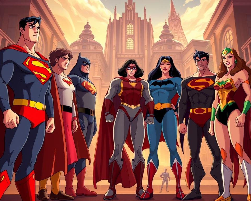 A detailed comparison of the evolving styles and character designs across various eras of the classic Super Friends animated series. In the foreground, side-by-side depictions of the core team members - Superman, Batman, Wonder Woman, Aquaman, and the others - showcasing the distinct visual aesthetics from the 1970s, 1980s, and modern interpretations. The middle ground features dynamic poses and action sequences, capturing the adventurous spirit of the show. The background subtly blends iconic locations and environments from the Super Friends universe, such as the Hall of Justice and Themyscira. Warm, vibrant lighting emphasizes the retro-futuristic atmosphere, while a cinematic camera angle provides an immersive, sweeping perspective.