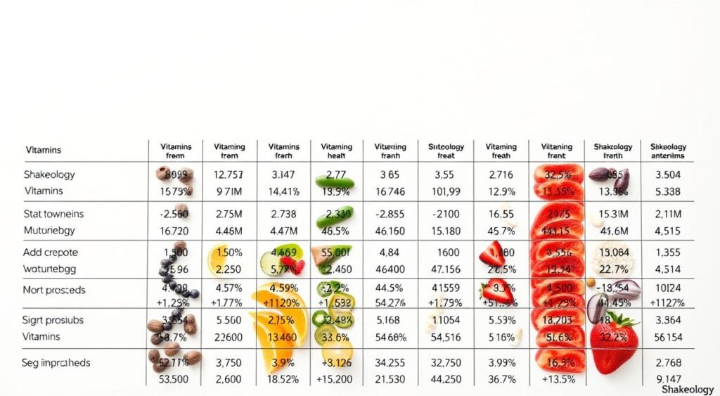 A detailed comparison of vitamins and minerals, showcasing their relative amounts and importance for overall health. A clean, minimalist layout against a bright, airy background, with the various nutrient categories organized in a grid-like arrangement. The elements are rendered in a sleek, stylized manner, emphasizing the scientific and educational nature of the content. Subtle lighting from the top left casts a soft, natural glow, highlighting the clarity and precision of the visual information. The overall impression is one of informative simplicity, suitable for illustrating the nutritional value of Shakeology.