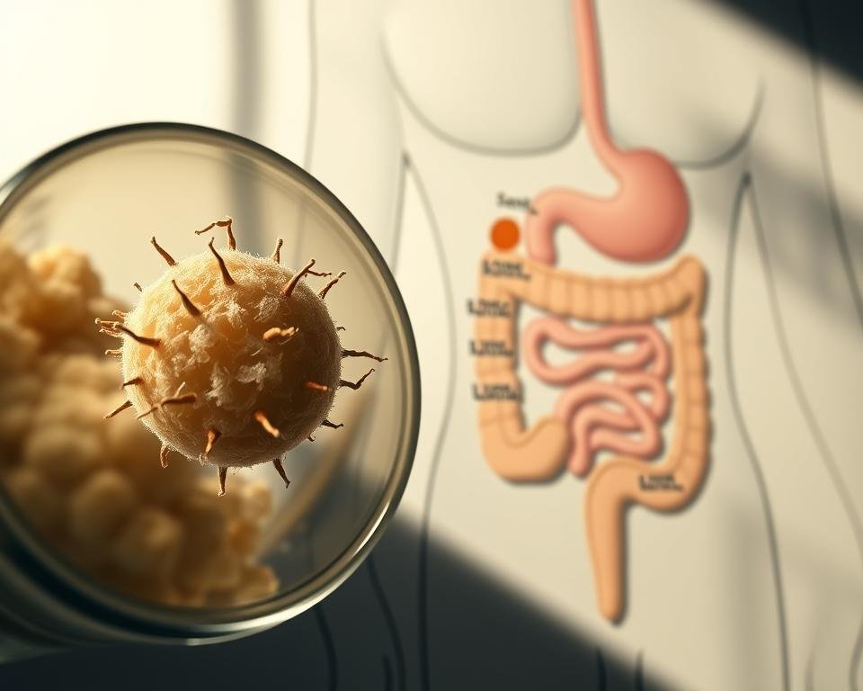 A detailed cross-section diagram showcasing the probiotic mechanism for sustainable weight loss. In the foreground, a magnified view of a probiotic bacterium, its cell wall and internal organelles visible. In the middle ground, a schematic illustration of the probiotic's journey through the digestive system, highlighting its interaction with gut flora, regulation of metabolism, and stimulation of fat-burning processes. The background depicts a stylized anatomical representation of the human digestive tract, with the small and large intestines prominently featured. The image is rendered in a clean, technical style with muted colors, emphasizing the scientific and informative nature of the content. Subtle lighting from the side casts shadows that add depth and dimension to the various elements. The overall composition conveys a sense of balance, clarity, and educational value.