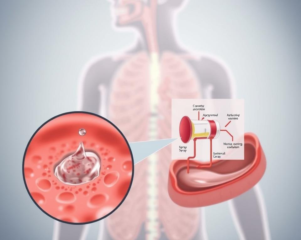 A detailed cross-section illustration depicting the process of oral spray absorption. In the foreground, a magnified view showcases the microscopic structure of the oral cavity, with the spray liquid dispersing and being rapidly absorbed through the mucosal membranes. The middle ground features a cutaway diagram showing the spray's journey from the application site, through the bloodstream, and into the systemic circulation. The background provides context with a softly blurred anatomical landscape, highlighting the efficiency and convenience of the oral spray delivery method. Rendered in a clean, technical style with muted colors and subtle lighting to convey a sense of scientific accuracy and medical professionalism.