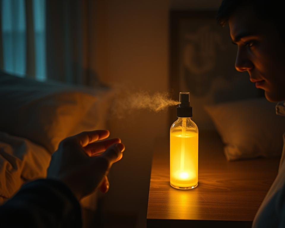 A dimly lit bedroom, the air heavy with a sense of restlessness. On a nightstand, a bottle of sleep spray sits prominently, casting a soft glow. Nearby, a person's hand reaches for the bottle, a look of hesitation and concern etched on their face. The room is shrouded in a warm, amber hue, creating an atmosphere of contemplation. Wisps of mist emanate from the spray, hinting at its potential effects. The scene conveys the consideration and caution one might have when exploring the use of a sleep aid, reflecting the "Potential Drawbacks" section of the article.