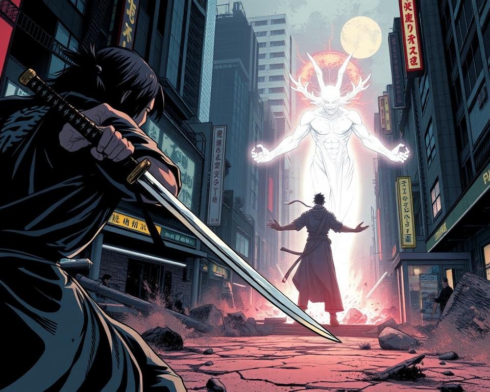 A dynamic action sequence from the comic book "Wayward Vol 1". In the foreground, a skilled warrior wielding a katana engages in a fierce battle, their blade slicing through the air with precision. In the middle ground, a mystical entity emerges, its ethereal form casting an otherworldly glow. In the background, the gritty urban setting of Tokyo serves as the backdrop, with neon-lit skyscrapers and a moody, atmospheric lighting that heightens the sense of drama and intensity. The scene is captured with a cinematic wide-angle lens, emphasizing the scale and dynamism of the confrontation, and the lighting is a mix of sharp, directional beams and soft, diffused illumination that creates depth and dimensionality.