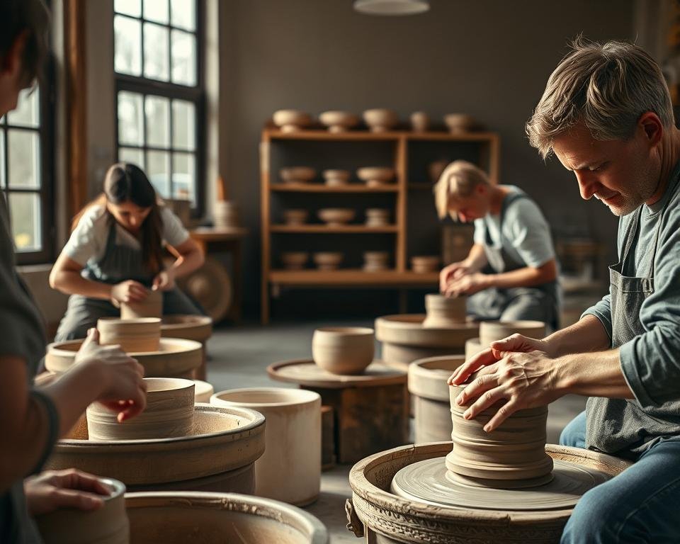 A group of skilled potters intently working with Deouss Midfire5-7 stoneware clay on their potter's wheels. In the foreground, hands deftly shape and mold the clay, while in the middle ground, finished pieces dry on wooden shelves. Soft natural light filters in through large windows, casting a warm glow over the scene. The potters' faces are focused, their movements precise, reflecting their expertise and passion for the craft. The atmosphere is one of quiet concentration, the air filled with the earthy scent of fired clay. A visually captivating depiction of the real user experiences with this high-quality midfire ceramic material.