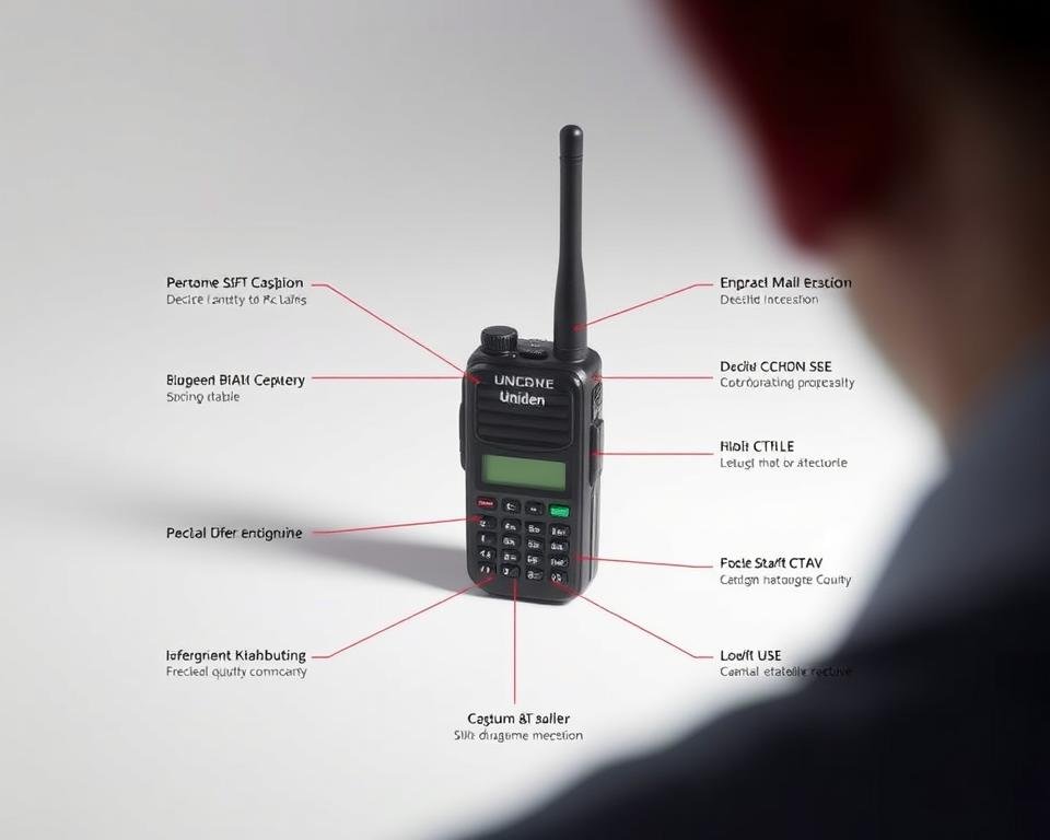 A high-quality, detailed image of the Uniden BCT15X handheld digital police scanner, showcasing its key features and design. The device is prominently displayed in the center, with a clean, white background. Precise technical details such as the antenna, control buttons, and LCD display are visible. The image conveys a professional, informative atmosphere, allowing the viewer to clearly assess the pros and cons of this model. Subtle lighting emphasizes the scanner's sleek, modern aesthetic. The camera angle provides a balanced, three-quarter view, ensuring the subject is showcased in an optimal manner.