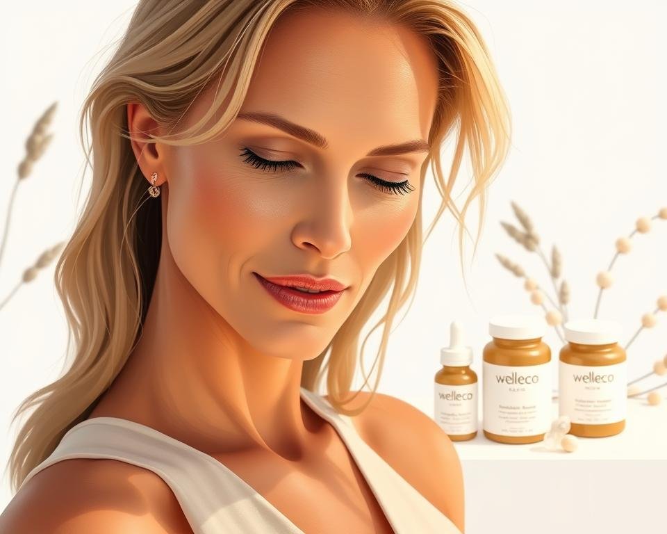 A high-resolution, digitally illustrated image of Elle Macpherson, the famous Australian model and entrepreneur, presenting her wellness brand Welleco. The foreground features a close-up portrait of Elle, radiant and serene, with glowing skin and a peaceful expression. She is wearing a sleek, minimalist outfit in neutral tones that complements the brand's aesthetic. The middle ground showcases a selection of Welleco's signature wellness supplements and products, arranged artfully against a clean, white background. The background subtly incorporates soft, natural elements like plants or crystals, conveying a sense of balance, purity, and holistic wellness. The overall mood is sophisticated, elegant, and aspirational, reflecting the brand's positioning as a premium, celebrity-backed wellness solution.