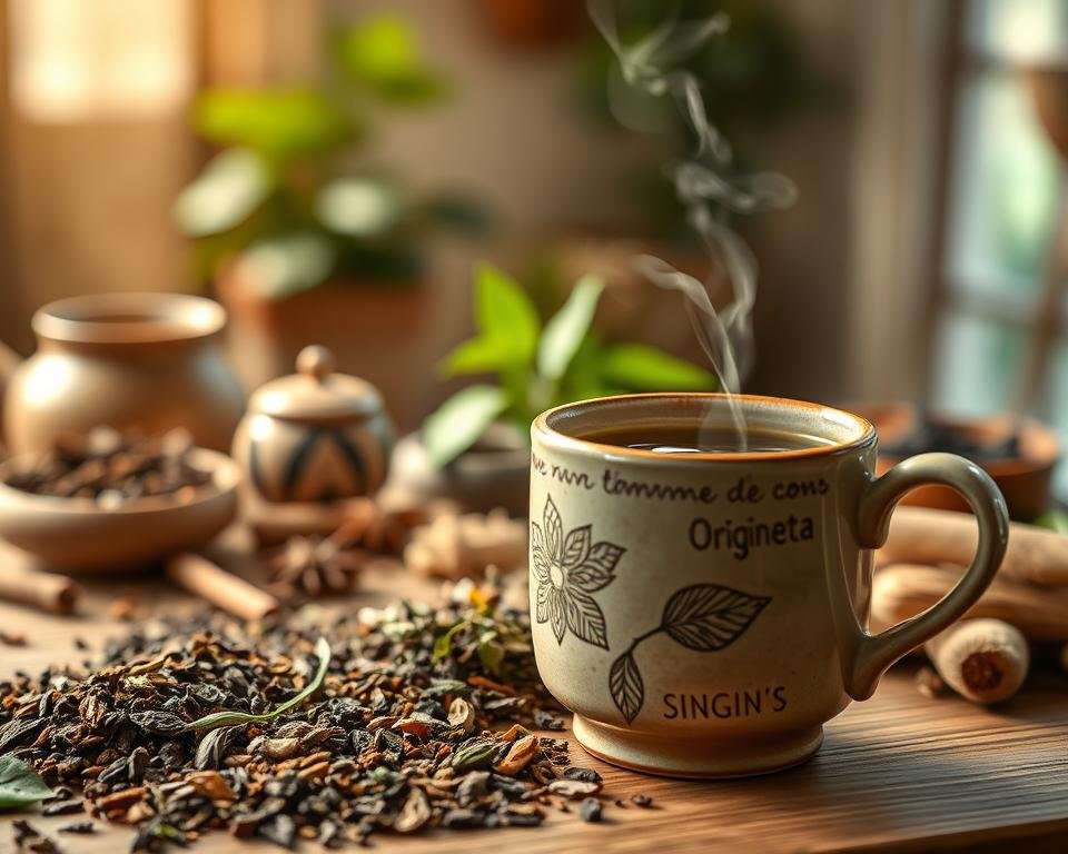 A high-resolution image of organic tea pros and cons, shot in natural lighting with a shallow depth of field. In the foreground, a hand-crafted ceramic mug filled with freshly brewed organic tea, steam rising gently. In the middle ground, an arrangement of tea leaves, dried herbs, and spices, each representing a potential benefit or drawback of organic tea. The background features a serene, nature-inspired setting, perhaps a tranquil garden or a cozy tea house interior, to convey the holistic wellness aspect of organic tea consumption. The overall mood is warm, inviting, and contemplative, encouraging the viewer to thoughtfully consider the nuances of this healthful beverage.