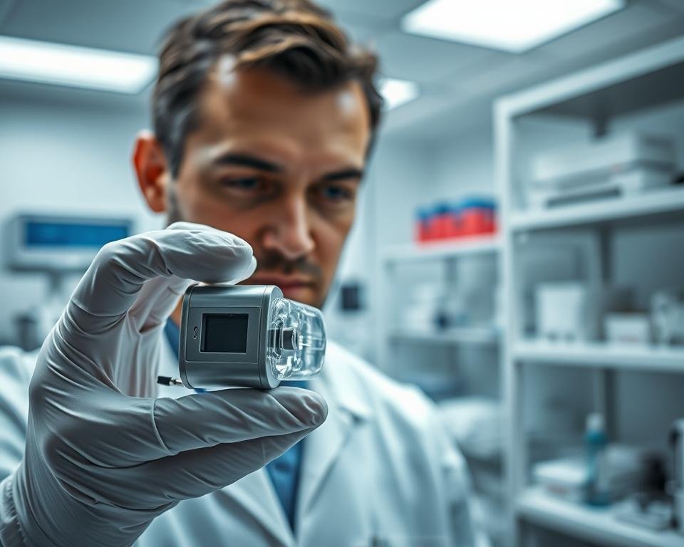 A medical researcher examining a nausea relief device through a detailed, clinical lens. Foreground shows the device held in the researcher's gloved hands, with various components and features highlighted. Middle ground depicts the researcher's face in close-up, observing the device intently. Background showcases a sterile, well-lit medical laboratory setting with diagnostic equipment, shelves, and a sense of analytical focus. Lighting is bright and shadowless, emphasizing the scientific nature of the examination. The overall mood is one of objective, professional evaluation of the device's design and potential efficacy.