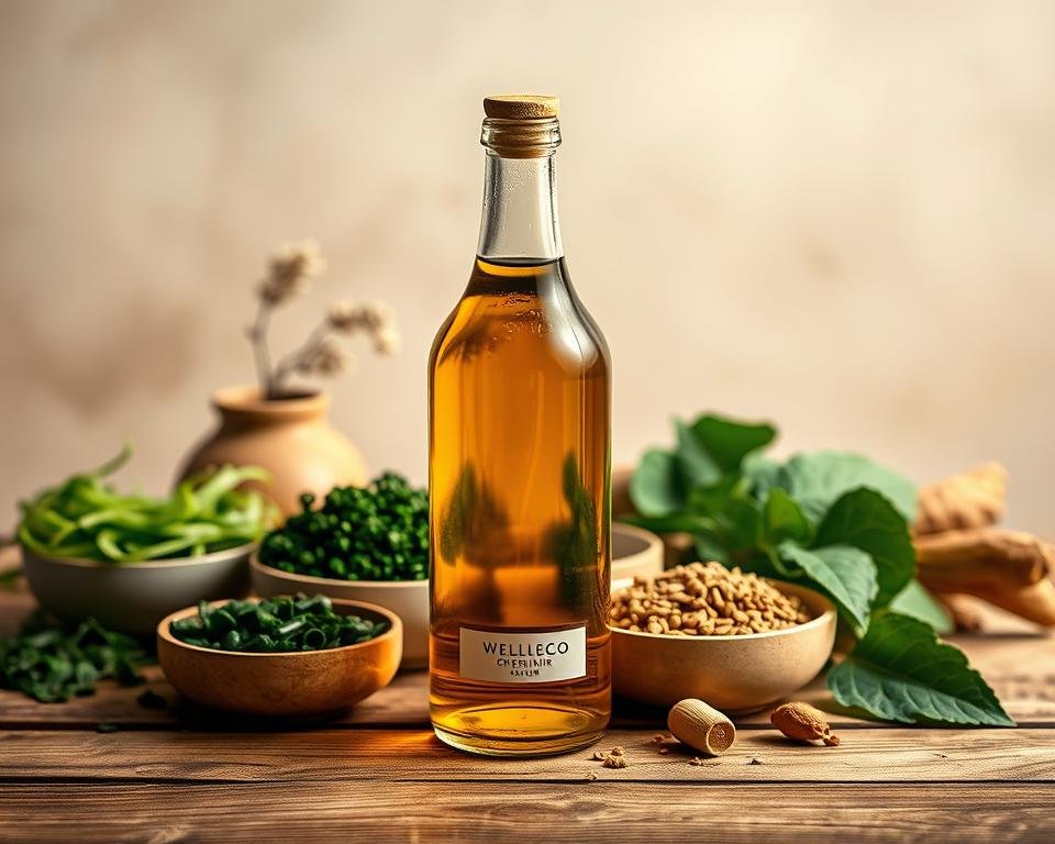 A meticulously arranged still life showcasing the key ingredients of Welleco's renowned Super Elixir. In the foreground, the iconic glass bottle of the Super Elixir takes center stage, its golden-hued liquid glistening under warm, diffused lighting. Surrounding it, a carefully curated selection of the elixir's natural components - spirulina, chlorella, maca, and ashwagandha - are displayed in small bowls, each ingredient's vibrant colors and textures complementing the overall composition. The midground features a wooden surface, its rustic grains providing a tactile backdrop. In the background, a soft, neutral-toned backdrop allows the subject to take full focus, creating a serene, high-quality editorial feel.