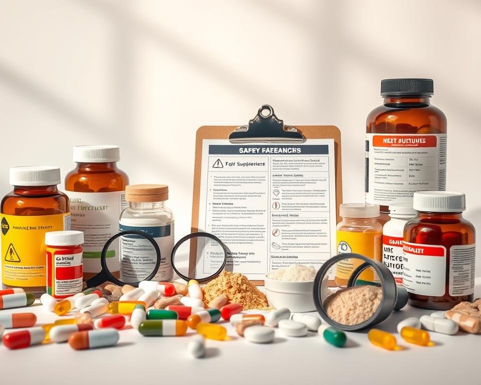 A meticulously crafted still life scene showcasing various health supplements against a clean, minimalist backdrop. The foreground features an assortment of pills, capsules, and powders in a variety of containers, each labeled with cautionary symbols and warnings to highlight potential safety considerations. The middle ground includes a magnifying glass, a clipboard with detailed safety information, and a sleek, modern device displaying relevant data. The background is a serene, softly-lit studio setting, emphasizing the importance of thorough research and responsible supplement usage. Warm, natural lighting casts subtle shadows, lending a sense of depth and professionalism to the composition.