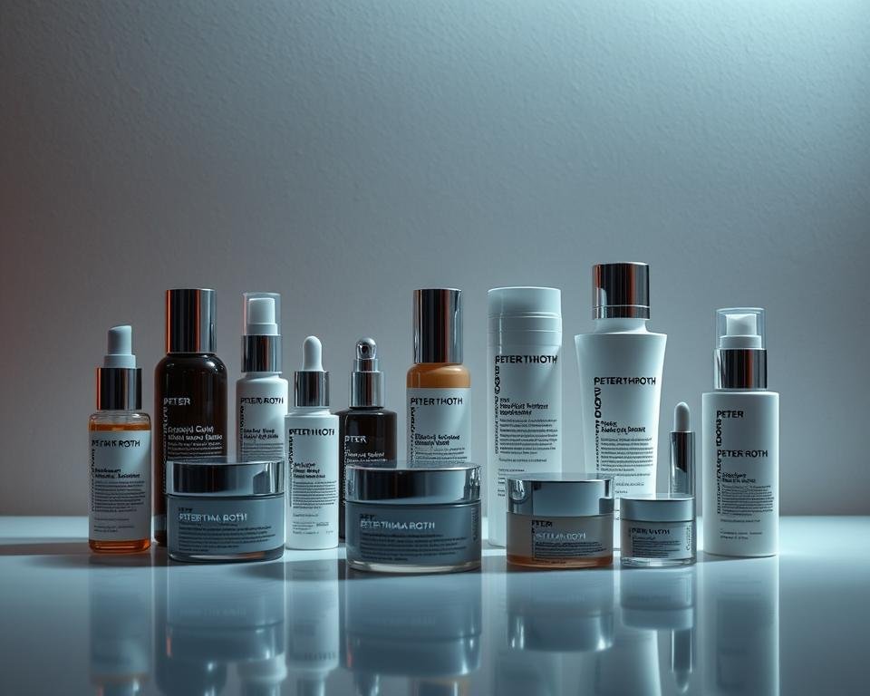 A meticulously curated display of Peter Thomas Roth's revered skincare collection, illuminated by soft, diffused lighting that accentuates the premium, minimalist packaging. The products are arranged in a visually harmonious manner, showcasing the brand's diverse range of serums, moisturizers, and treatment solutions. The background features a subtly textured, muted backdrop that allows the products to take center stage, conveying a sense of refined sophistication and attention to detail. The overall composition creates a compelling and aspirational representation of the Peter Thomas Roth brand, reflecting its commitment to efficacious, science-backed formulations and a discerning, luxury-oriented aesthetic.