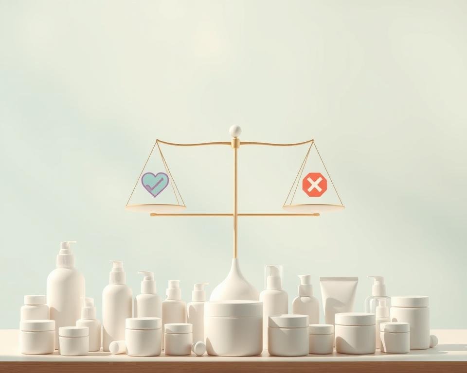 A minimalist illustration depicting the pros and cons of skin care products. In the foreground, a serene arrangement of various skin care items - bottles, jars, and tubes in neutral hues. The middle ground showcases two balanced scales, one side weighted with positive icons like a heart, checkmark, and star, the other side with negative icons like an 'X', frown, and stop sign. The background is a soft, diffused gradient in muted blues and greens, evoking a sense of tranquility. The overall composition conveys a thoughtful, balanced perspective on the benefits and drawbacks of skin care products. Soft, natural lighting casts gentle shadows, creating depth and dimension.