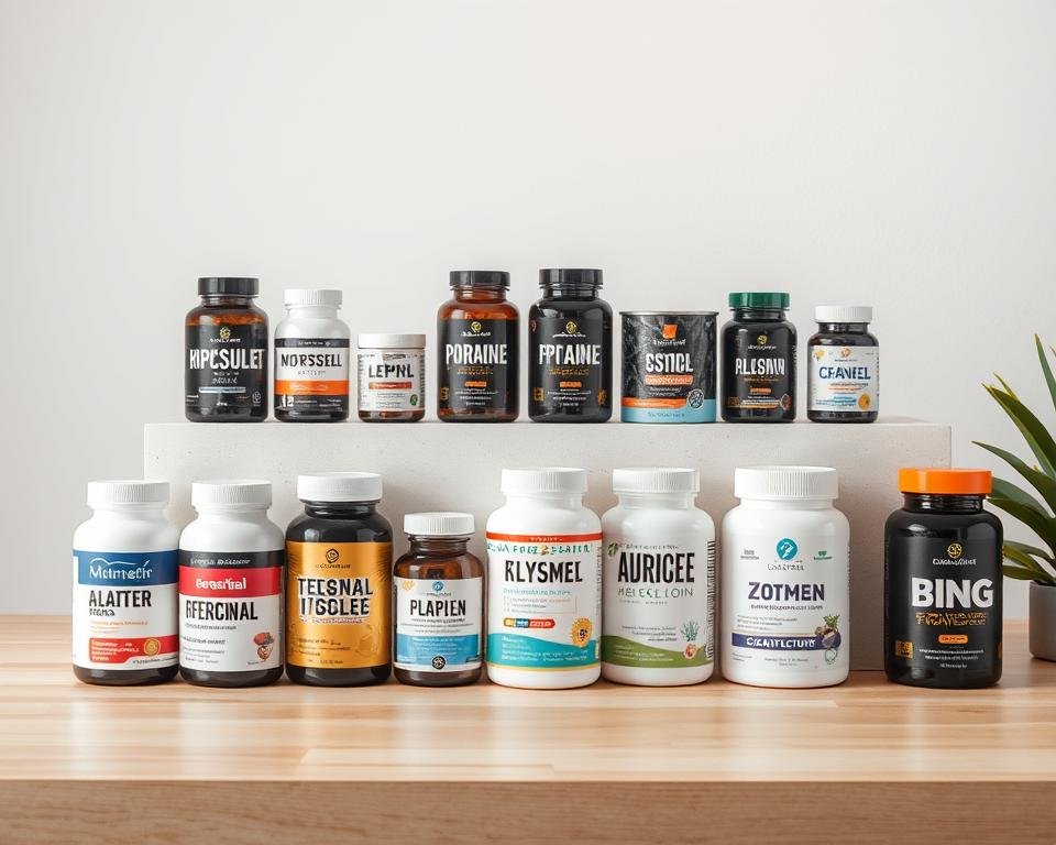 A modern and minimalist tabletop display showcasing various joint supplement bottles and packages, arranged in a grid-like pattern. The bottles are depicted with clear, high-resolution details, allowing viewers to easily compare their shapes, sizes, and branding. The background is a clean, neutral-toned surface, such as a wooden or marble table, providing a simple yet elegant setting. Soft, even lighting from above casts gentle shadows, highlighting the products' textures and materials. The overall composition conveys a sense of clarity, allowing the viewer to focus on the comparative pricing and value proposition of the different joint supplements.