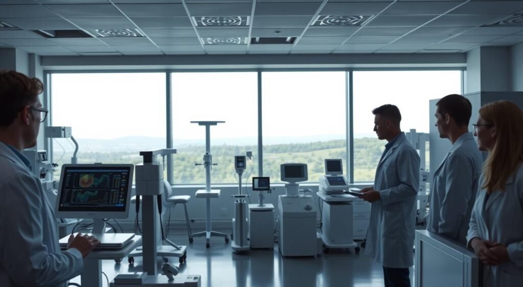 A modern, well-equipped research laboratory focused on weight loss studies. In the foreground, a team of scientists in white lab coats are examining data on digital displays and discussing findings. In the middle ground, various scientific equipment and instruments, including scales, body composition analyzers, and metabolic testing devices. The background features large windows overlooking a scenic, natural landscape, creating a sense of balance between the clinical setting and the outdoors. Soft, directional lighting illuminates the scene, casting subtle shadows and highlighting the details of the research process. The overall atmosphere conveys a sense of rigor, innovation, and a commitment to uncovering the latest insights in the field of weight management.