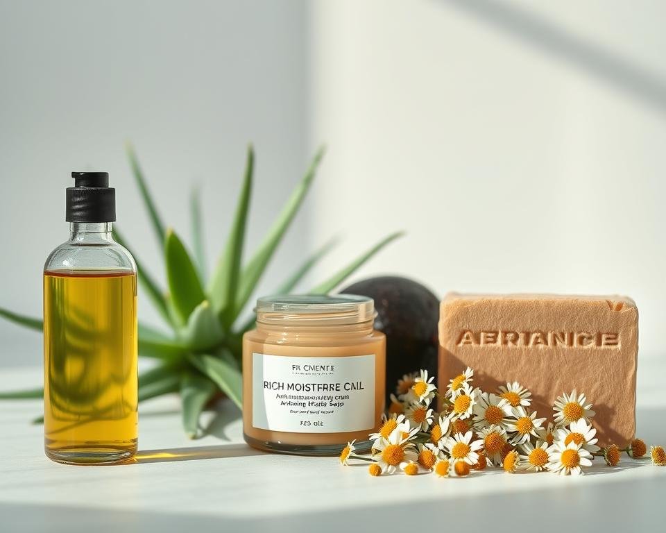 A neatly arranged still life featuring a selection of key skincare ingredients. In the foreground, a glass bottle of natural face oil, a jar of rich moisturizing cream, and a bar of artisanal facial soap. In the middle ground, organic aloe vera leaves, ripe avocados, and a handful of soothing chamomile flowers. The background is blurred, creating a sense of depth and focus on the central elements. Soft, diffused lighting from the side casts gentle shadows, highlighting the natural textures and colors of the ingredients. The overall mood is serene, emphasizing the purity and efficacy of these natural skincare essentials.
