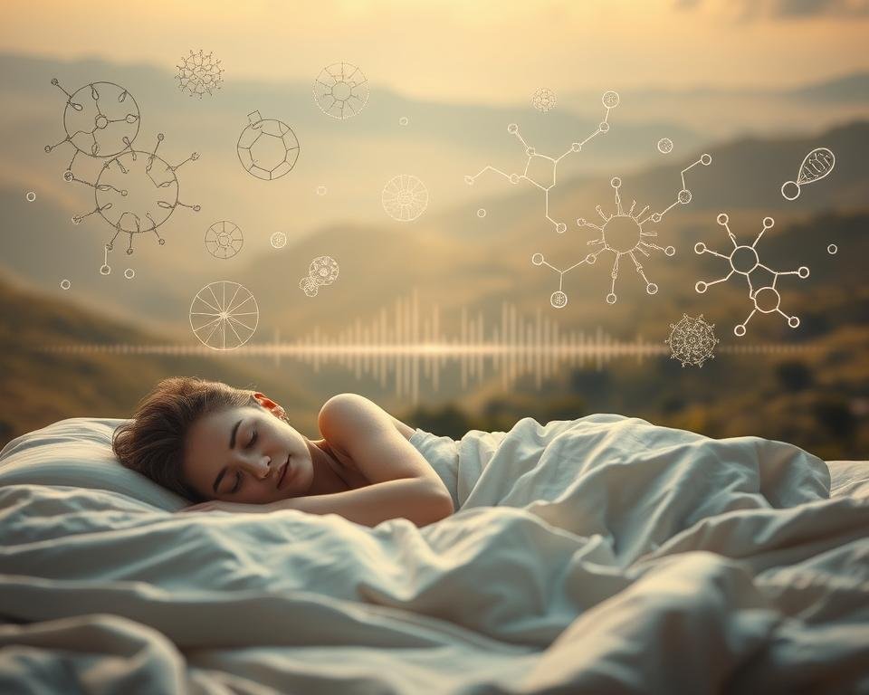 A peaceful, dreamlike scene depicting the connection between sleep and metabolism. In the foreground, a serene sleeping figure rests on soft, cloud-like bedding, their face relaxed and content. Surrounding them, intricate biological diagrams and molecular structures float in a hazy, ethereal glow, representing the intricate processes of metabolism. The middle ground features a subtly pulsing energy field, symbolizing the vital link between sleep and the body's natural rhythms. In the background, a soothing, natural landscape blends seamlessly with the tranquil, almost otherworldly atmosphere, creating a sense of harmony and balance. Warm, muted tones and a soft, diffused lighting lend an air of contemplation and introspection to the scene.