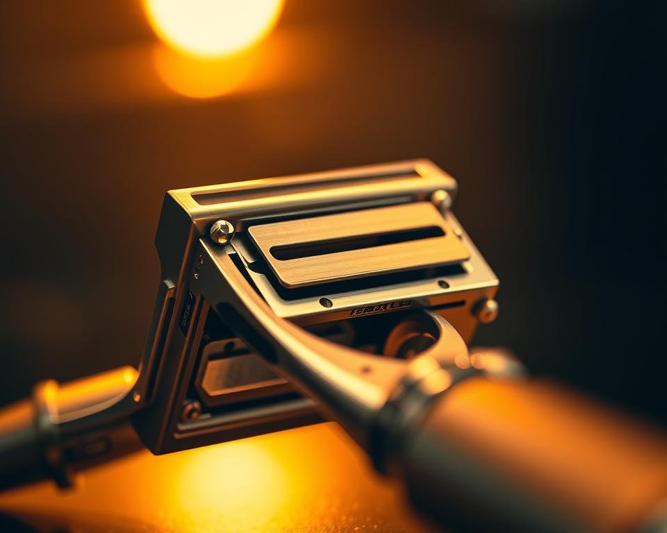 A precisely engineered, adjustable razor blade loading mechanism for a classic safety razor. Illuminated by warm, soft lighting, the metallic body and components are captured in intricate detail, showcasing the precision engineering and thoughtful design. The blade sits nestled in the razor's head, ready to be easily adjusted and secured, with the razor's elegant, tapered handle visible in the foreground. The overall scene conveys a sense of quality craftsmanship and functionality, inviting the viewer to closely examine the razor's key features.