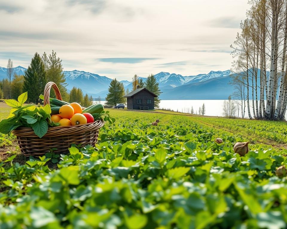 A pristine Nordic meadow under a soft, ethereal light. In the foreground, a row of lush, verdant plants - the organic produce of Norse Organics. On the left, a basket overflows with vibrant fruits and vegetables, symbolizing the pros of this sustainable farming practice. On the right, a few wilted, discolored specimens represent the potential cons. In the middle distance, a traditional Nordic cabin nestled among birch trees, evoking the brand's connection to the region's heritage. The background features snow-capped mountains, a cloudless sky, and a tranquil lake, conveying the natural, untouched beauty of the setting. The overall scene radiates a sense of rustic, pastoral harmony.
